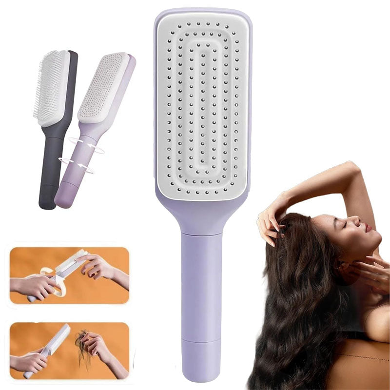 Self cleaning hair brush in lavender color with ergonomic design for easy detangling and maintenance