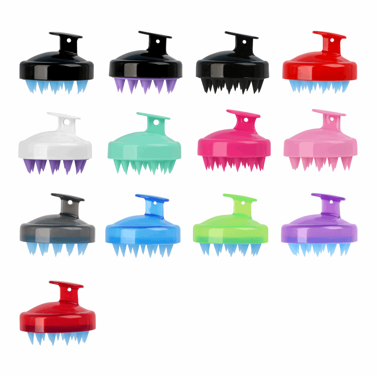 Assorted silicone shampoo brushes in various colors for gentle scalp massage and effective hair cleaning