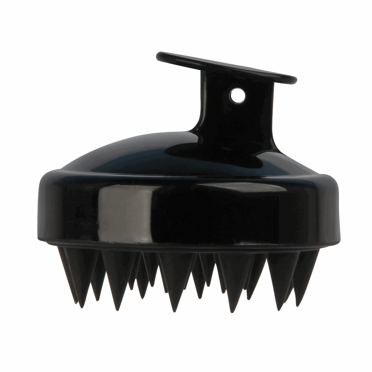 Black soft silicone shampoo brush designed for a gentle scalp massage during hair washing