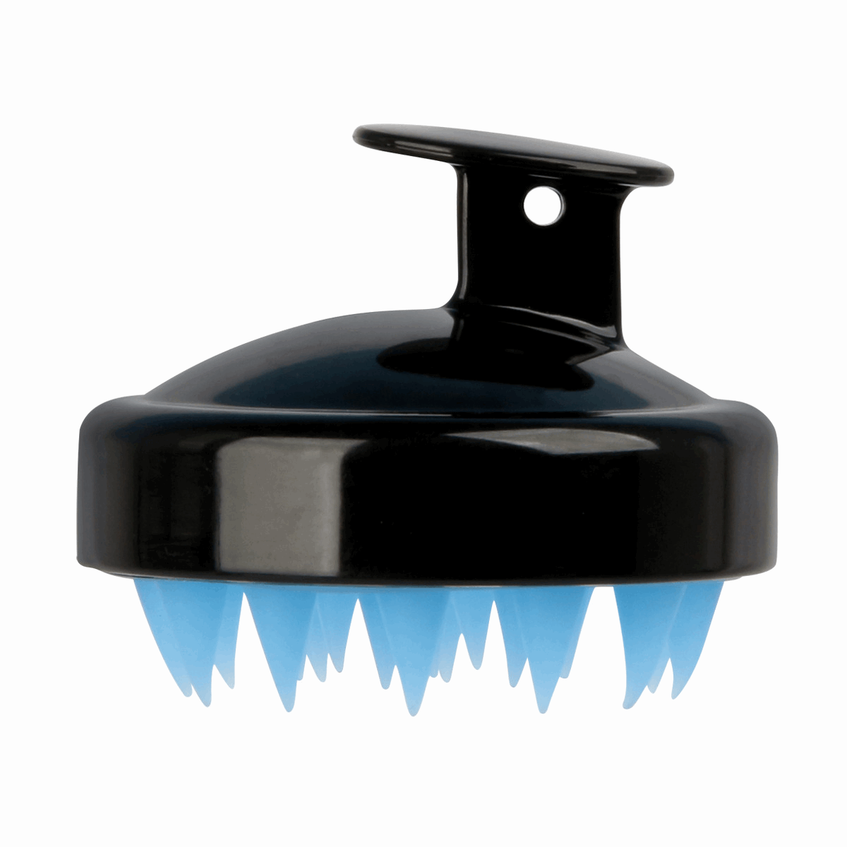 Black and blue silicone shampoo brush for effective scalp massage and cleansing