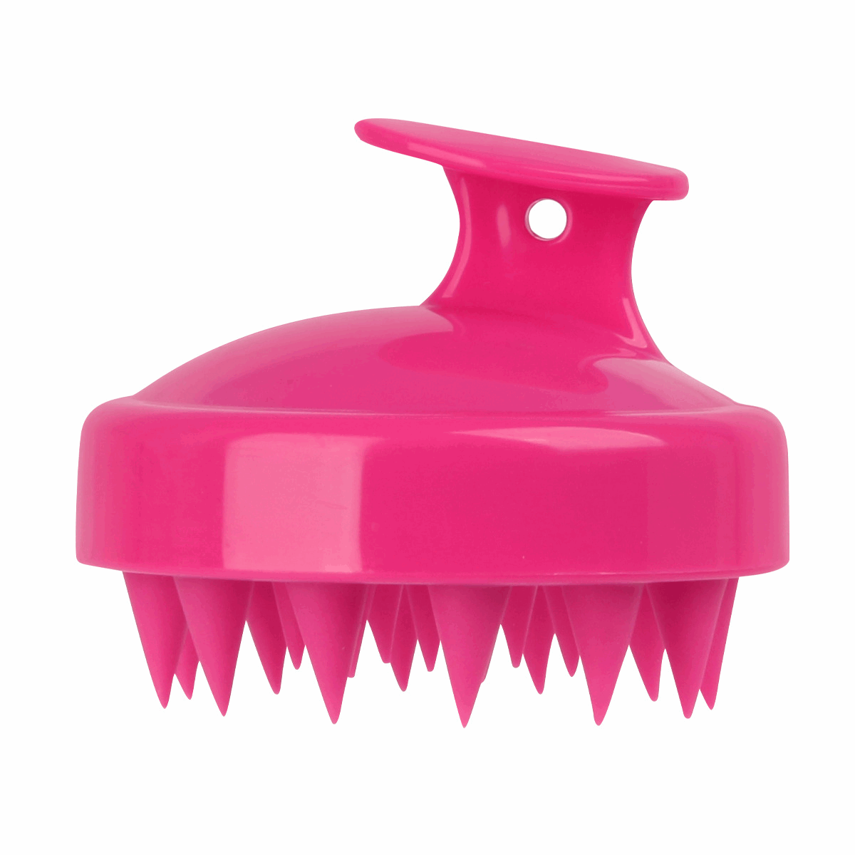 Pink soft silicone shampoo brush with gentle bristles for scalp massage and cleansing
