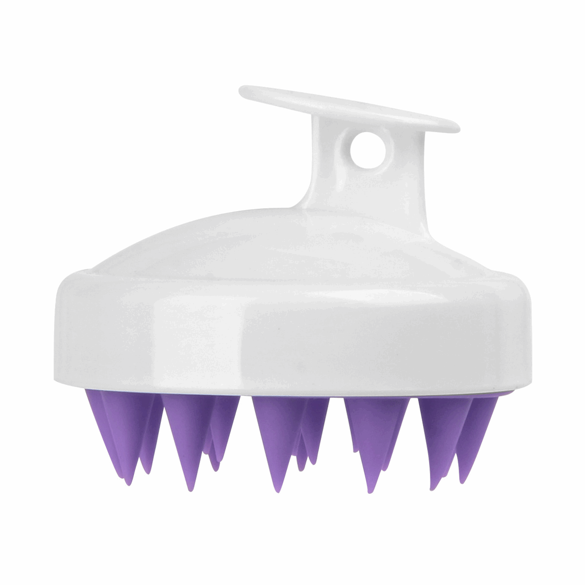 Soft Silicone Shampoo Brush in white and purple designed for scalp massage and relaxation