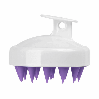 Soft Silicone Shampoo Brush in white and purple designed for scalp massage and relaxation