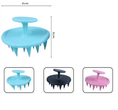 Silicone shampoo brush in blue, pink, and black for effective scalp massage and cleansing