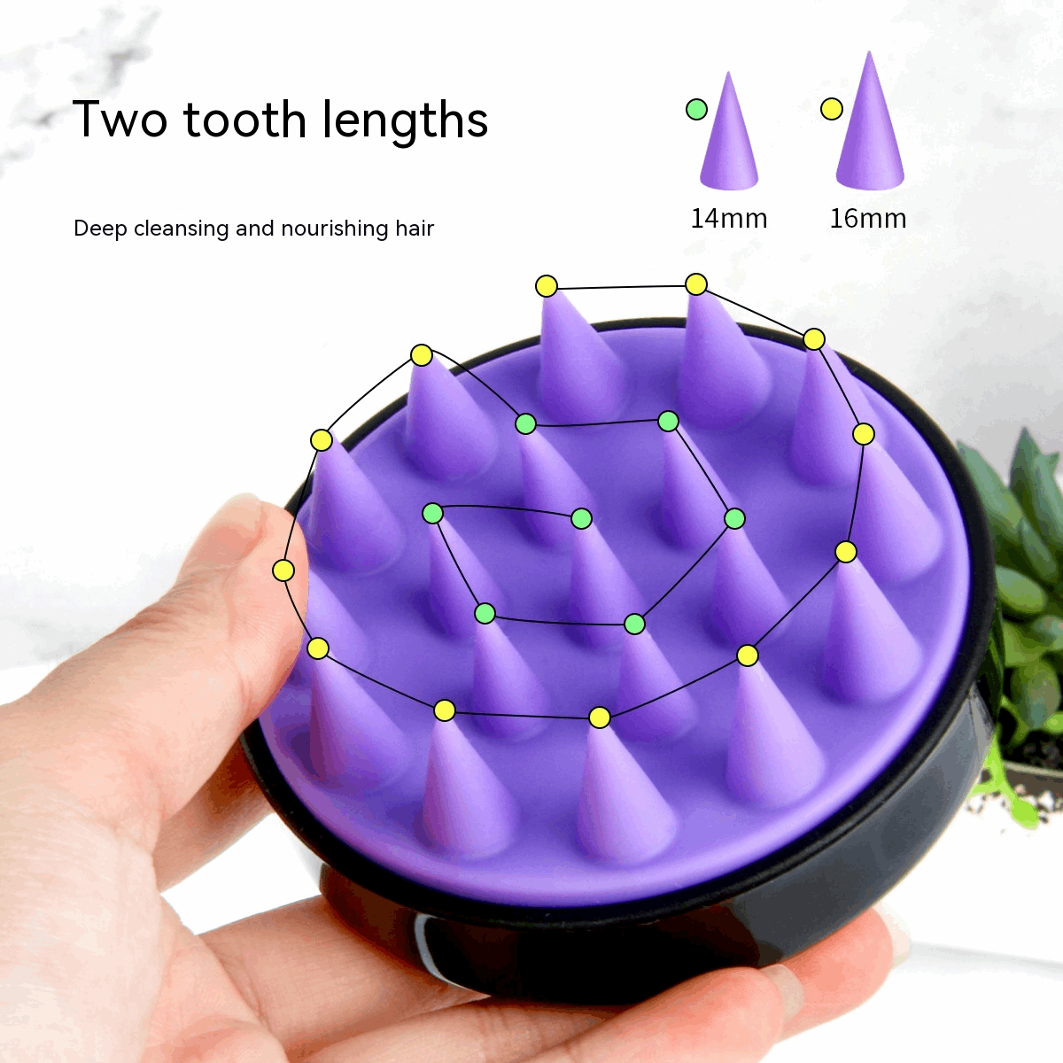 Soft silicone shampoo brush with varying tooth lengths for deep cleansing and nourishing hair
