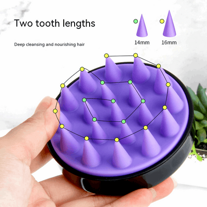 Soft silicone shampoo brush with varying tooth lengths for deep cleansing and nourishing hair