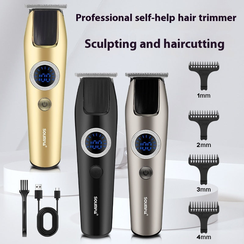 Luxury hair clippers for sculpting in gold, black, and silver with various length attachments