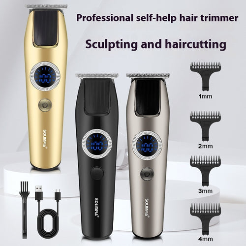 Luxury hair clippers for sculpting in gold, black, and silver with various length attachments