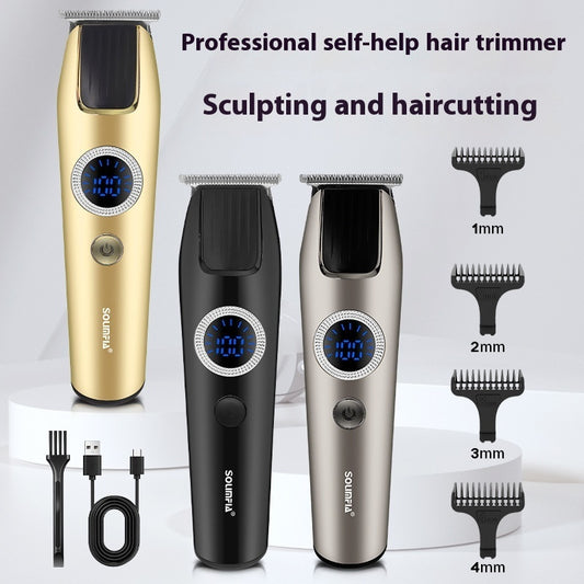 Luxury hair clippers for sculpting in gold, black, and silver with various length attachments