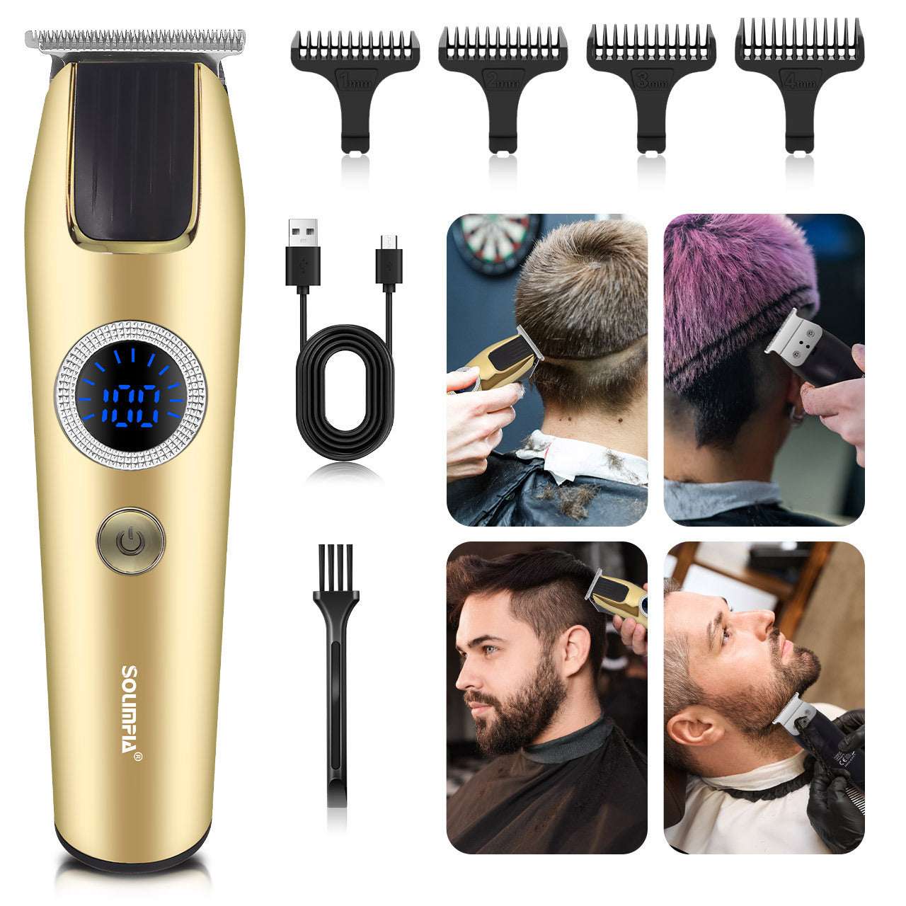 Luxury hair clippers for sculpting with digital display and various attachment guides for precision cutting