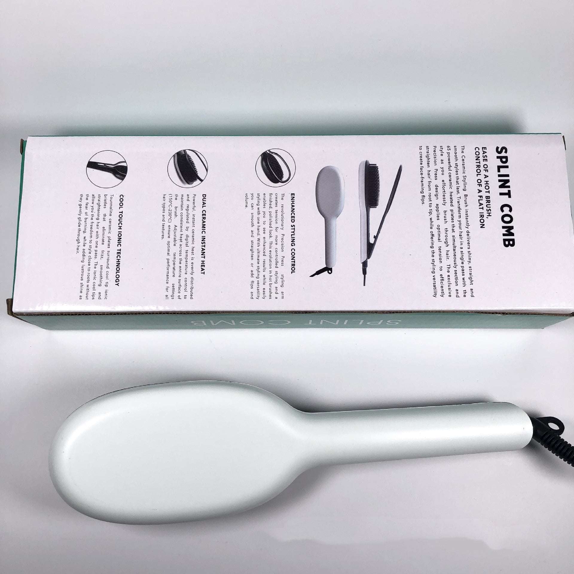White professional straight hair brush electric hair straightener with packaging box