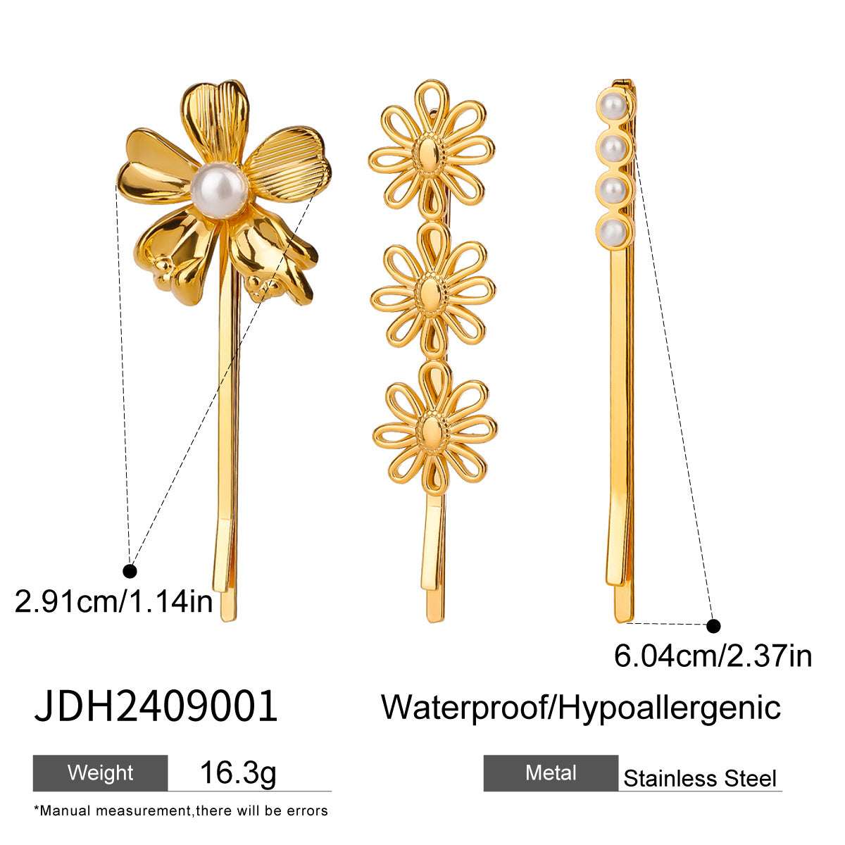 Lady's flower design titanium steel hair barrette with pearl accents and waterproof features