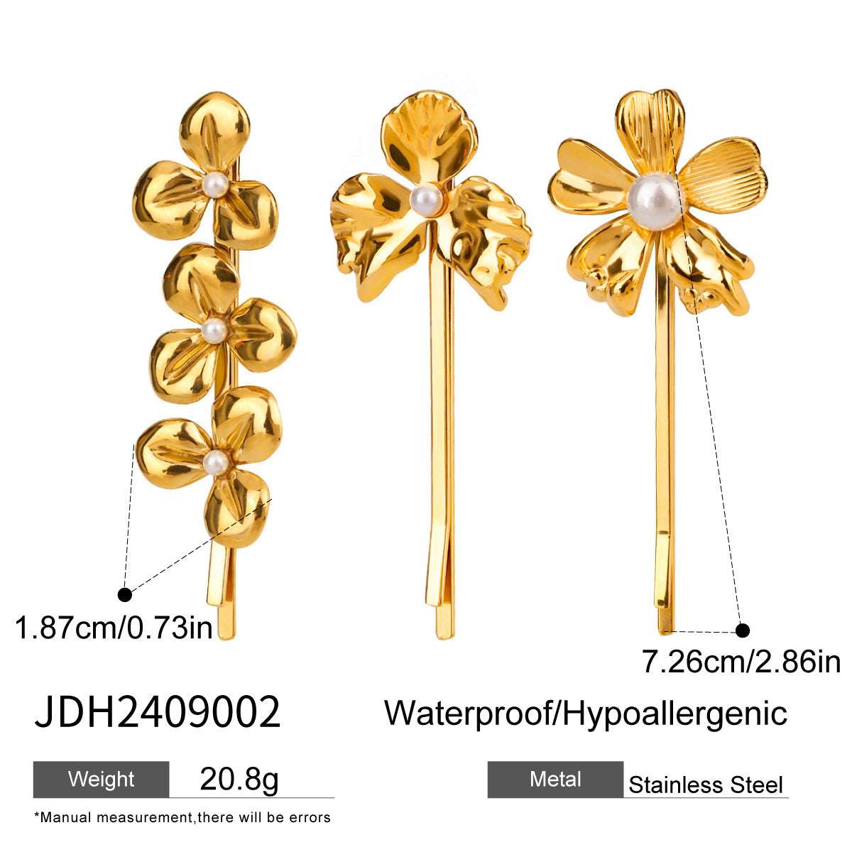 Lady's flower design titanium steel hair barrette set with pearl accents, hypoallergenic and waterproof