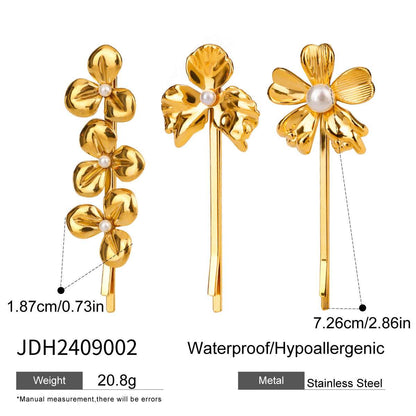 Lady's flower design titanium steel hair barrette set with pearl accents, hypoallergenic and waterproof