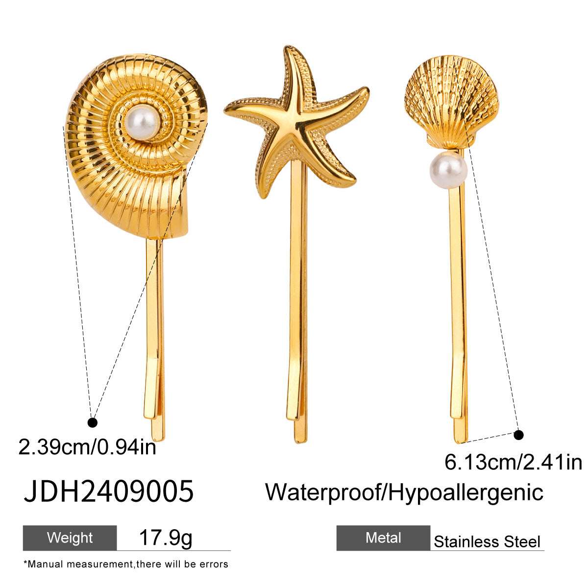 Set of three titanium steel hair barrettes featuring a shell, starfish, and spiral design