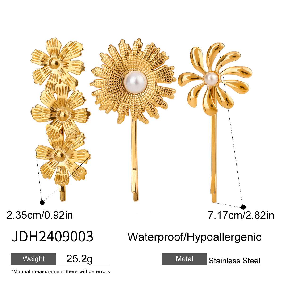 Three elegant titanium steel hair barrettes featuring floral designs and pearl accents for stylish hair styling