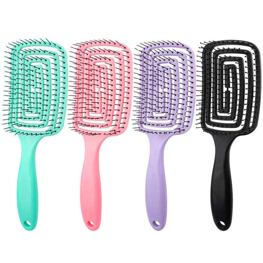 TT hair styling comb in four colors, including pink, purple, mint green, and black with a unique back shape