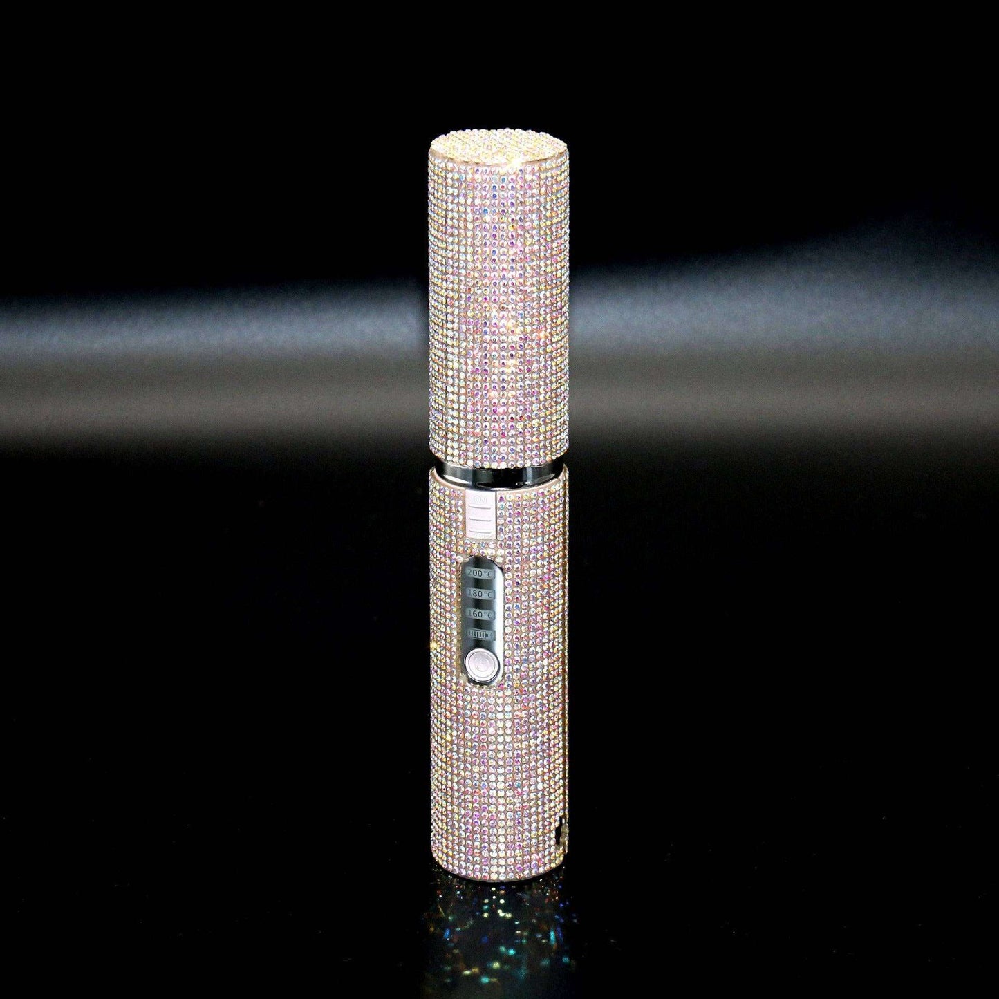 Compact USB hair straightener for travel covered in sparkling rhinestones with digital temperature display