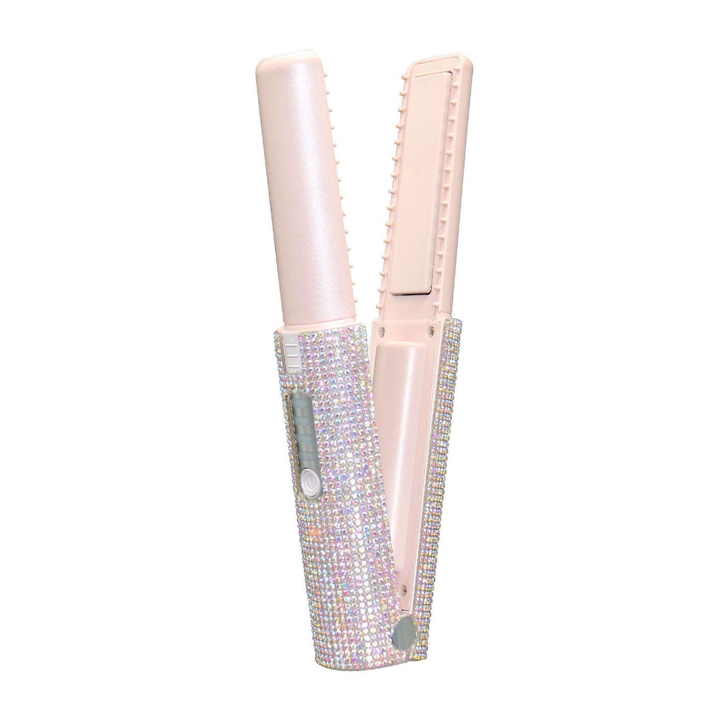 Compact USB hair straightener for travel with rhinestone-studded pink design and ceramic plates