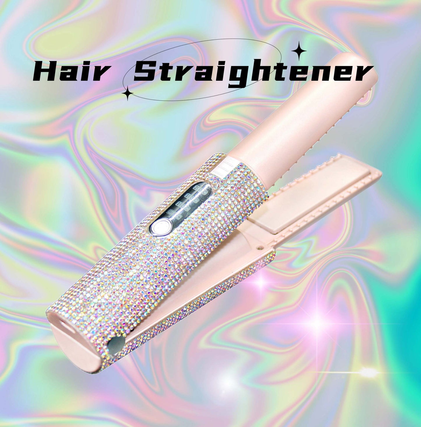 USB hair straightener for travel with rhinestone cover and digital display on colorful background