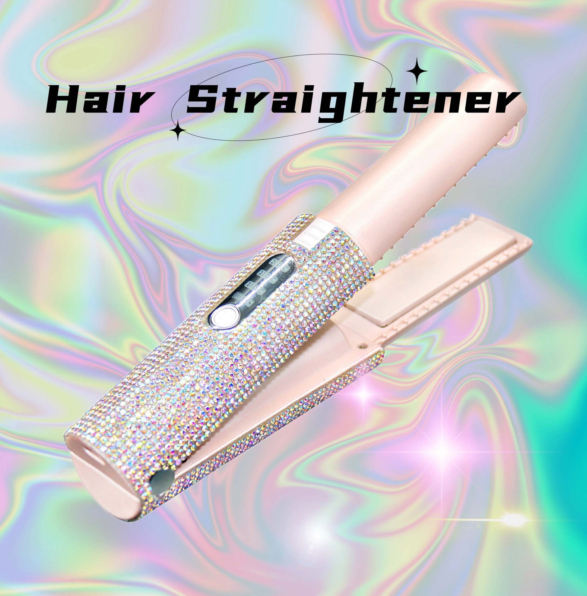 USB hair straightener for travel with rhinestone cover and digital display on colorful background
