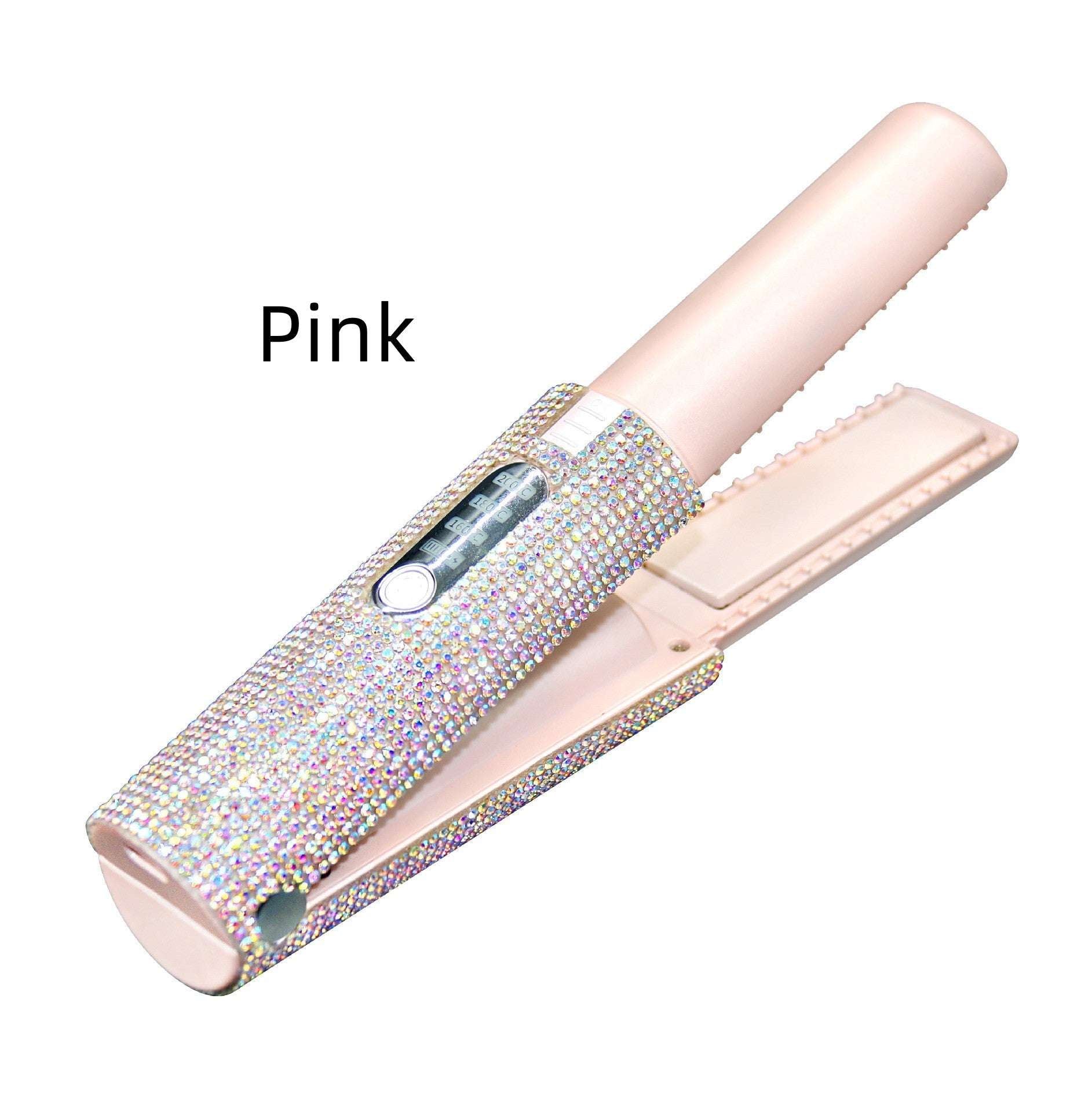 Pink USB hair straightener for travel with rhinestone design and digital temperature display