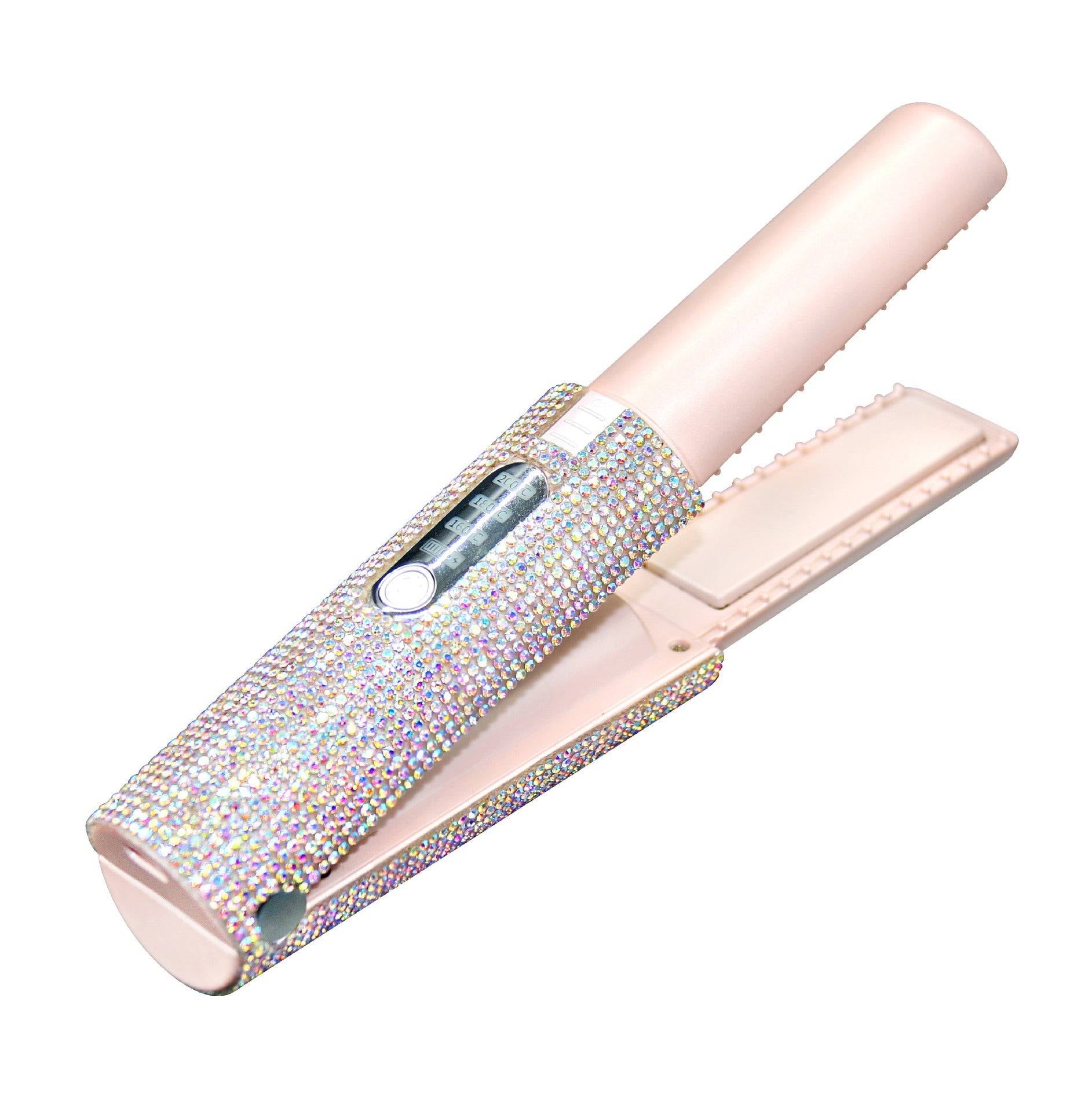 Pink USB hair straightener for travel with rhinestone decoration and digital temperature display