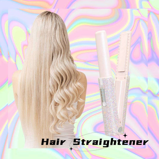 USB hair straightener for travel with rhinestone design next to woman’s long straight and wavy blonde hair