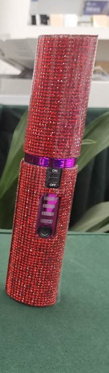 Red rhinestone USB hair straightener for travel with power switch and protective cap