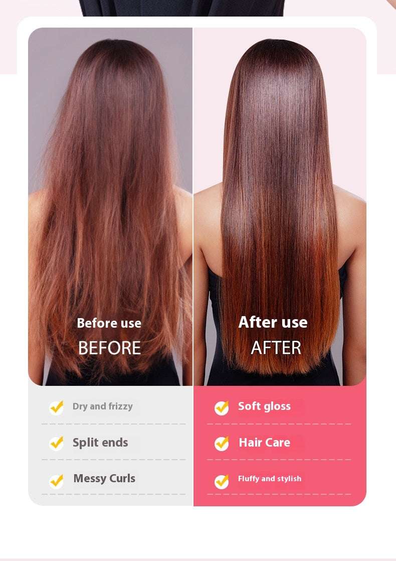 Before and after image showcasing wet and dry hair straightener results with smooth, glossy hair.