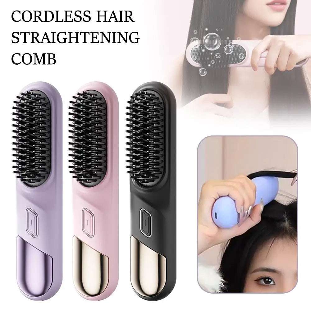 Cordless wet and dry hair straightener comb in three colors for easy styling and versatility