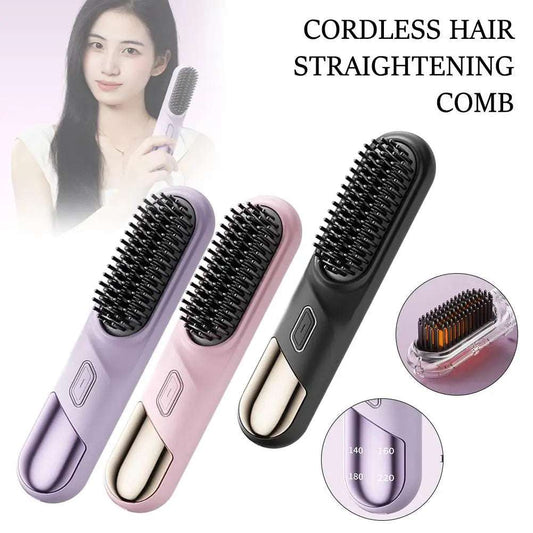 Cordless hair straightening comb in purple, pink, and black for wet and dry hair straightener use